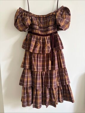 ANTONIO MELANI Brown and Mustard Plaid Off‑Shoulder Tiered Maxi Dress